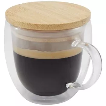 Skleněný hrnek Lenora s objemem 250 ml a bambusovým víčkem průhledná čirá