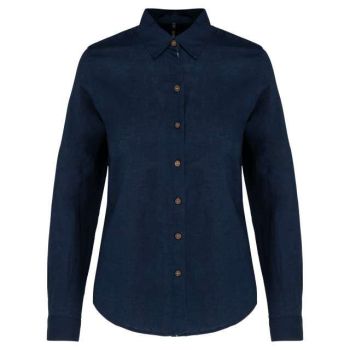 LADIES' LONG SLEEVE LINEN AND COTTON SHIRT Navy S