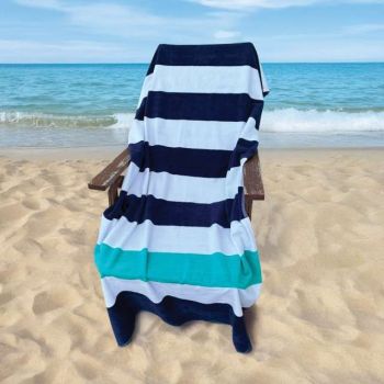 OLIMA „NAUTICAL STRIPE” BEACH VELOUR TOWEL Navy/White/Aquamarine 90X180
