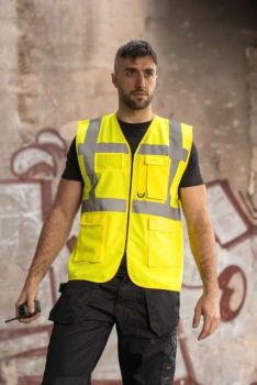 COMFORT EXECUTIVE SAFETY VEST "HAMBURG" - MULTIFUNCTIONAL WITH POCKETS Hi-Vis Yellow/Navy 2XL