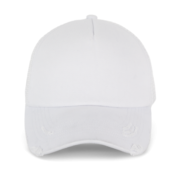 DESTROYED COTTON 5 PANEL TRUCKER WITH SOFT FRONT PANEL Washed White U