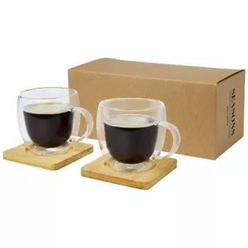 Skleněný dvoustěnný kelímek Manti o objemu 250 ml s bambusovou táckou průhledná / přírodní