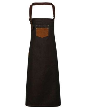 'DIVISION' WAXED LOOK DENIM BIB APRON WITH FAUX LEATHER Black/Tan Denim U