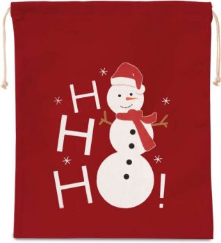 COTTON BAG WITH SNOWMAN DESIGN AND DRAWCORD CLOSURE Cherry Red U